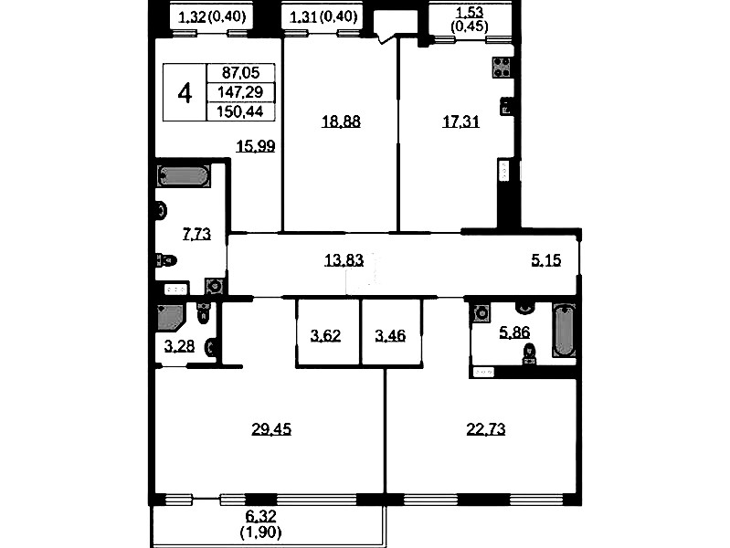 4-комнатная квартира 150.44 м², 9/9 эт., ЖК «Бакунина 33»